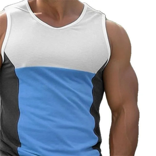 Men's contrast color sports vest in blue yellow and orange for summer running and fitness