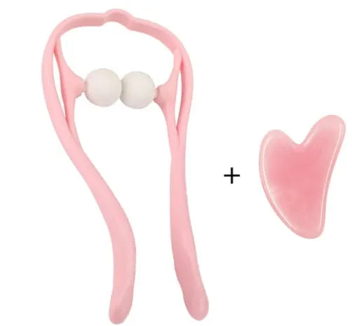 Manual neck and shoulder massager with adjustable stand and 3D floating-point rollers in pink, blue, and green colours.