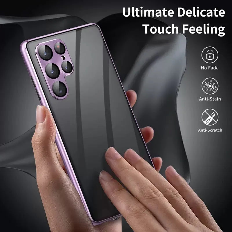Samsung S24 Ultra phone case with mirror and magnetic metal construction in black, blue, gold, green, purple, red, and silver.