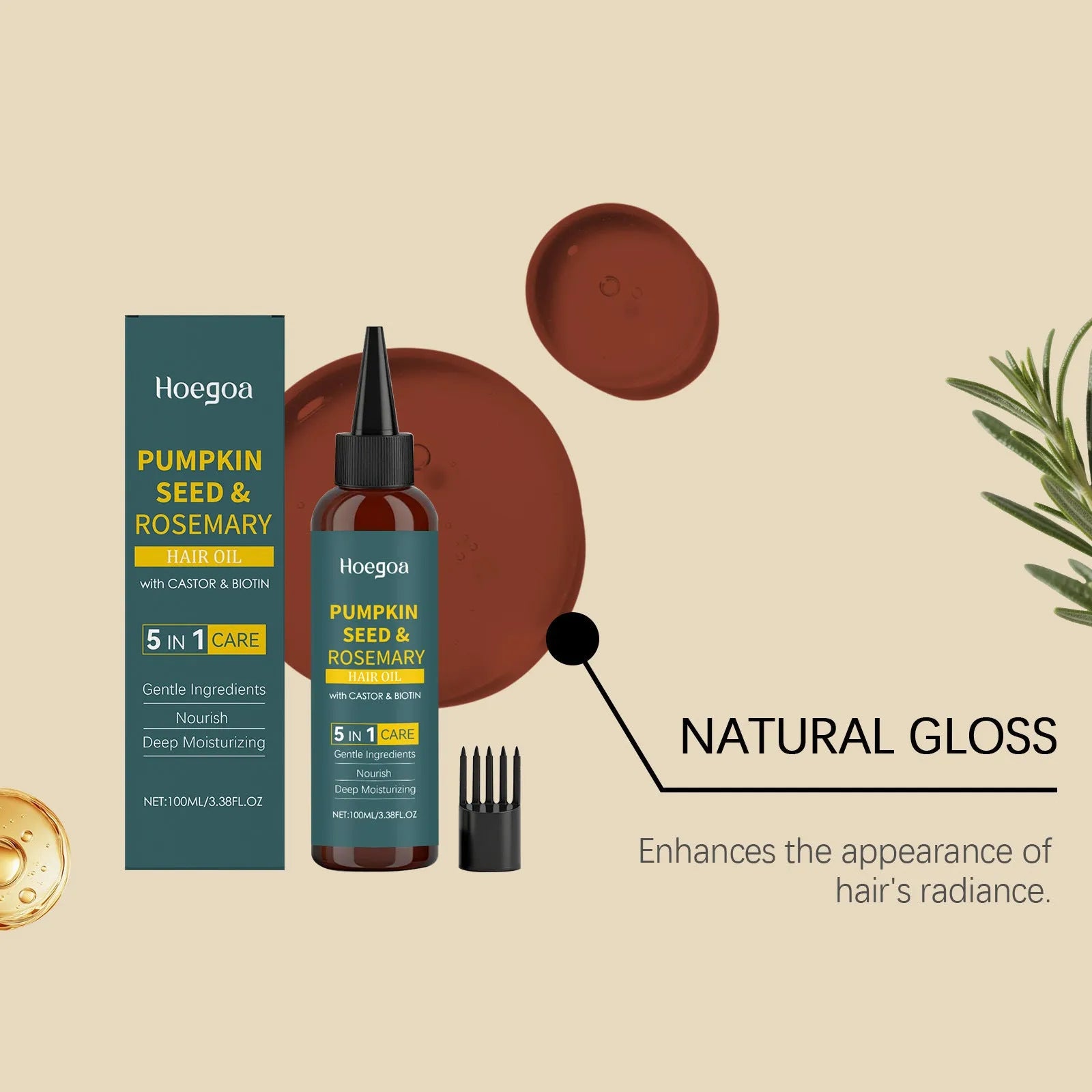 Rosemary hair essential oil 100 ml bottle with pointed applicator nozzle and black hair comb.