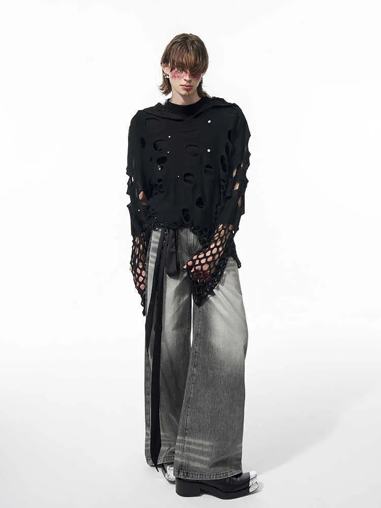 Men's black loose fit hoodie with pearl decoration on front