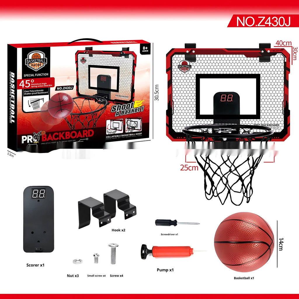 Red and blue folding basketball frame with suction cup and hook on a white wall.