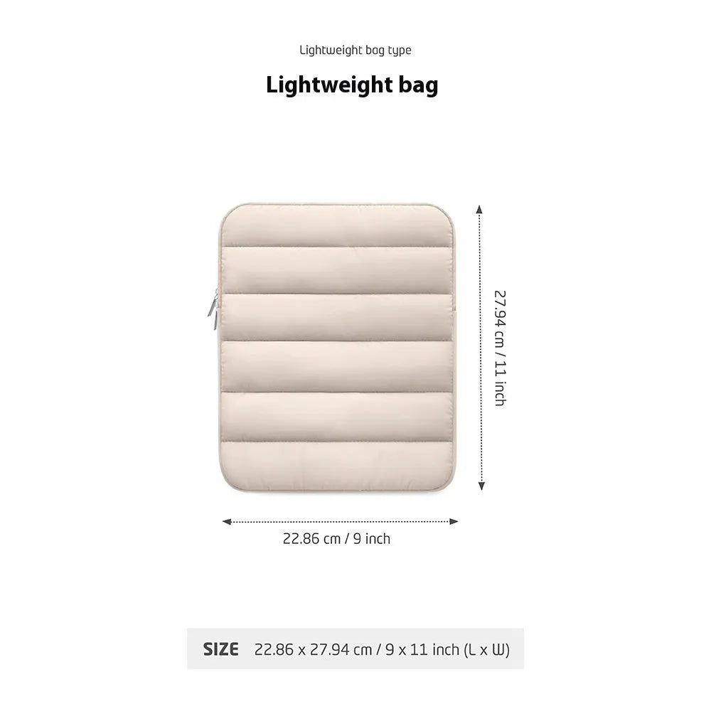 Fluffy air feeling laptop sleeve puff bag in black, shown with elastic sides, for 9.7 to 11 inch devices.