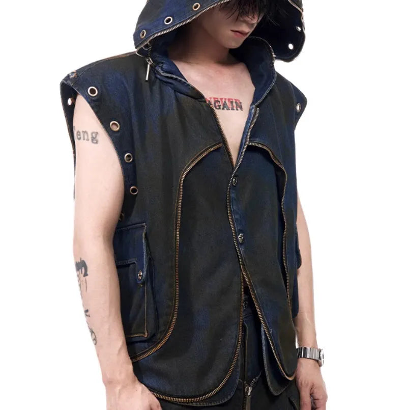 Blue heavy industry deconstructed hooded denim vest coat with matching trousers, Korean style, zipper front