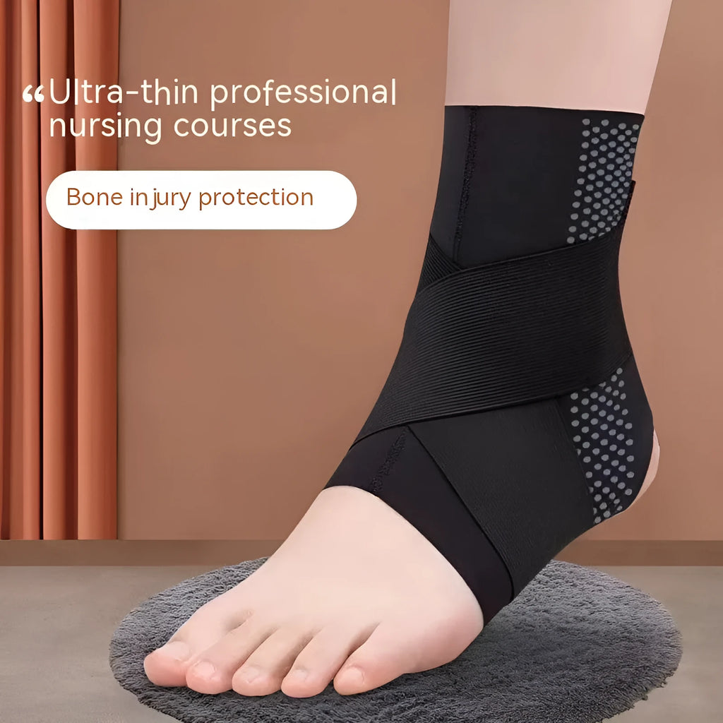 Black Lycra ankle support brace wrapped around an adult ankle.