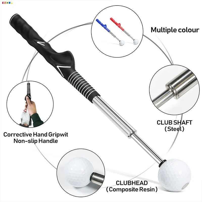 Telescopic stainless steel golf swing trainer in black, blue and red colour options