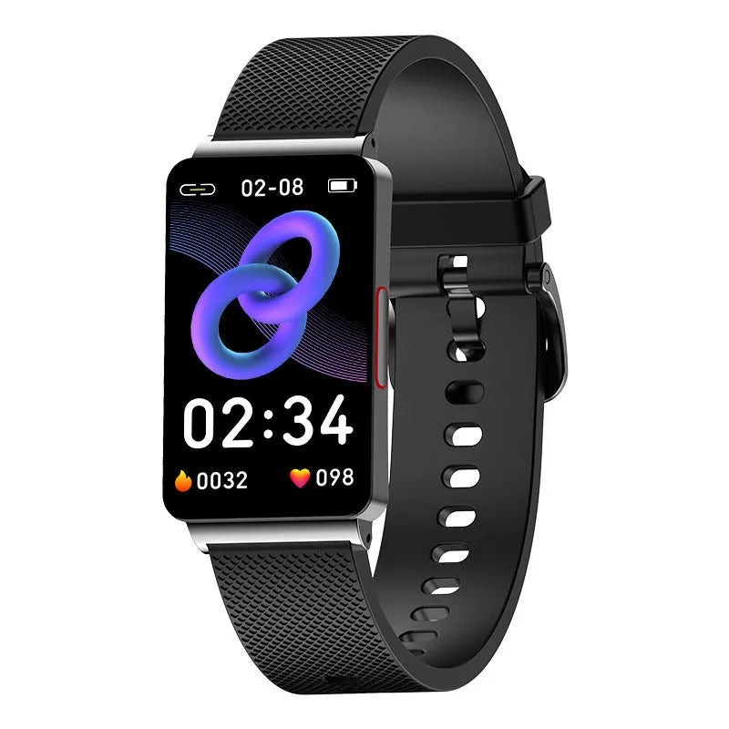 EP08 smart health bracelet with blood glucose tracking on a wrist, showing touch screen and TPU strap.