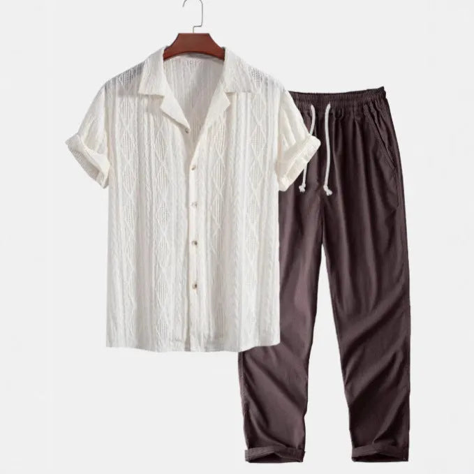 Men's casual short sleeve linen suit set with digital camouflage print in slim fit