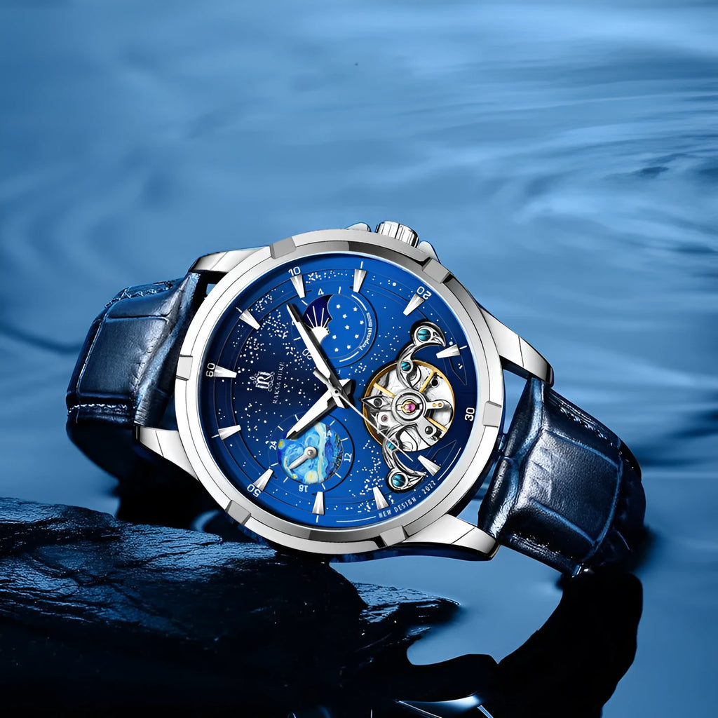 Blue men's fully automatic mechanical wristwatch with 14mm thickness