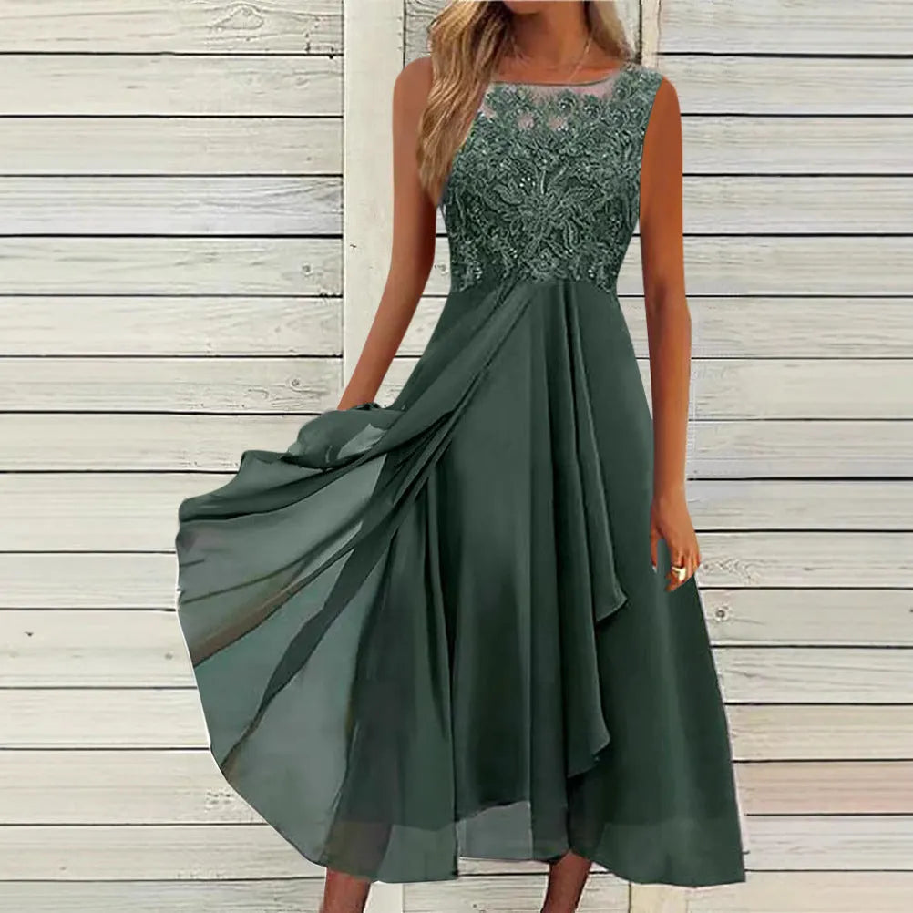 Women's sleeveless chiffon dress with lace hollow-out detail in blue, shown mid-length.
