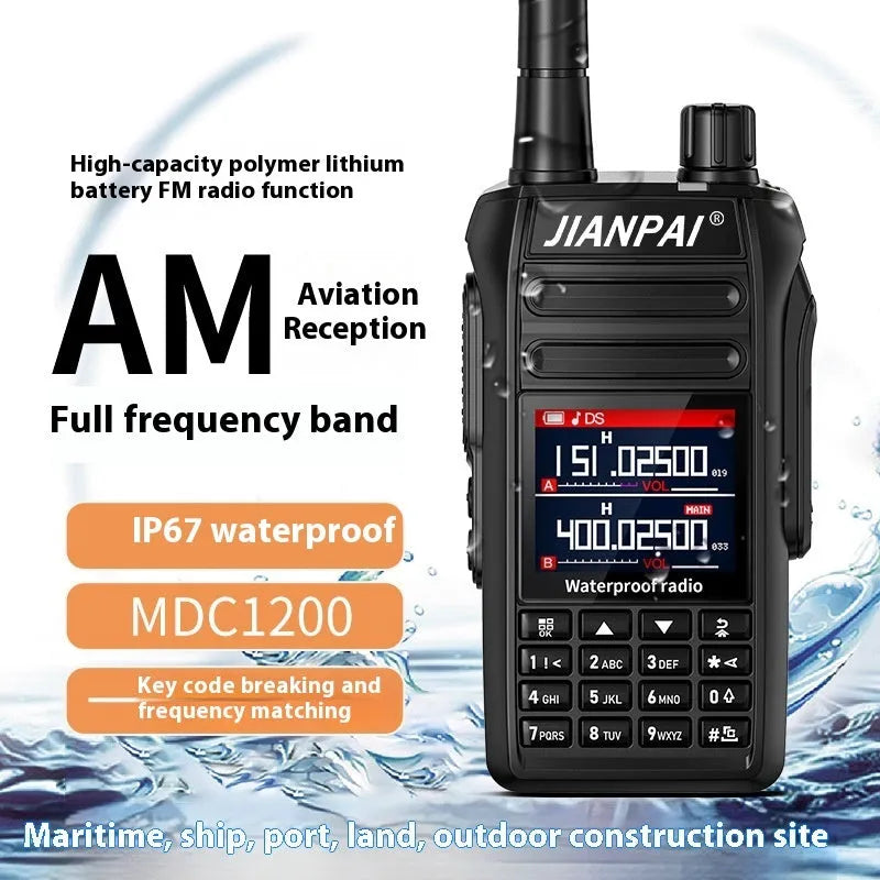 Black waterproof aviation interphone radio with full band coverage, shown with battery, antenna, charger, and headset microphone.