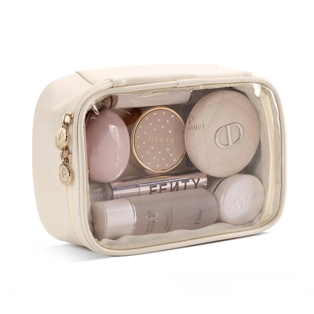 Leather transparent cosmetic bag showing interior compartments with waterproof PVC construction