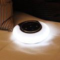 Blue folding Bluetooth desk lamp speaker with subwoofer and touch controls for adjustable LED lighting.