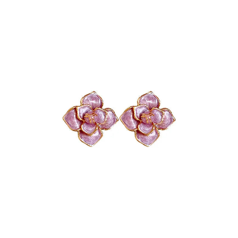 Gold-plated purple flower stud earrings with oil-spot glaze effect on copper material