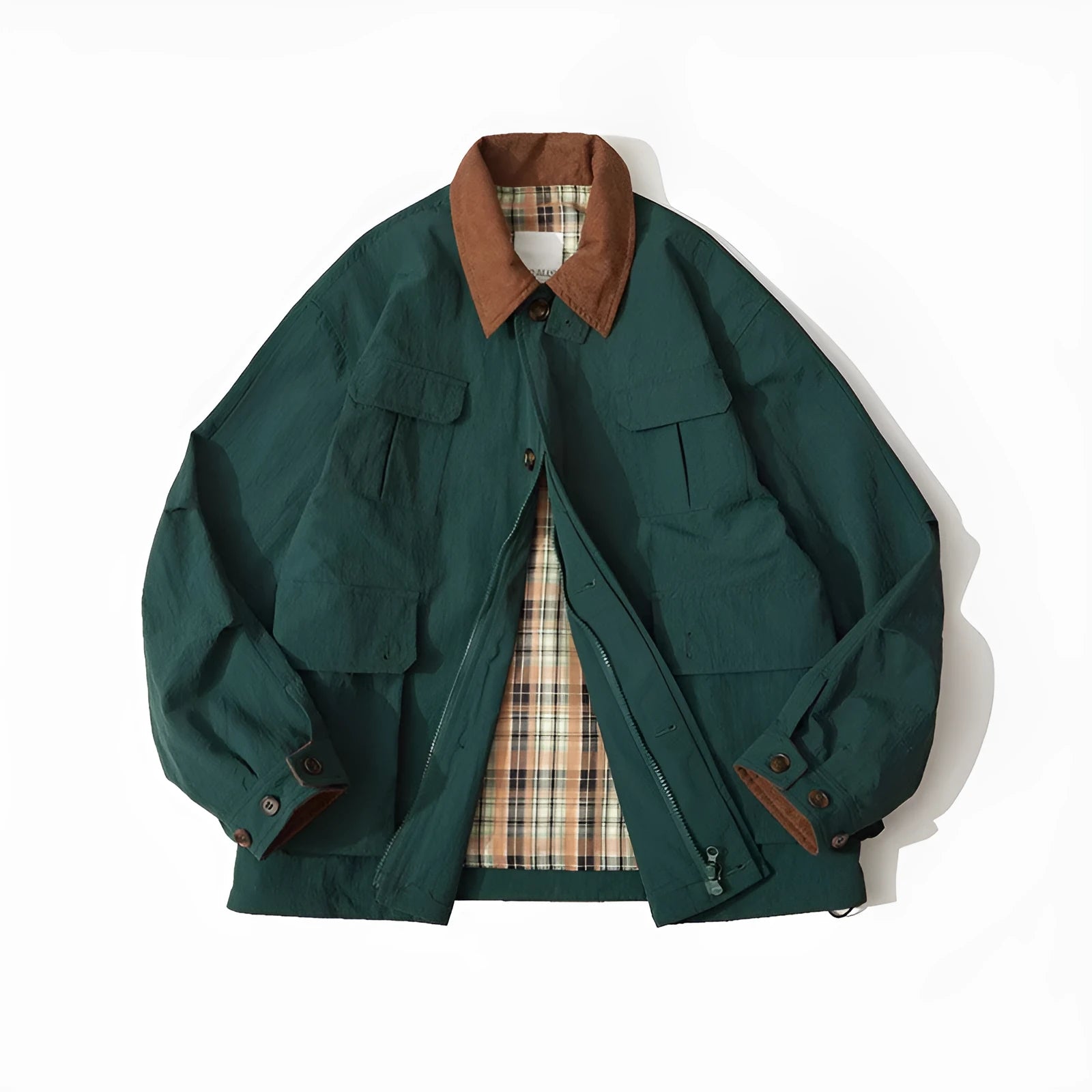 Green casual polyester jacket for men and women with side pockets on a hanger.