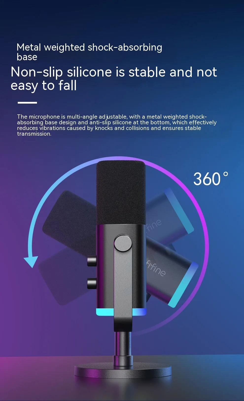 Dynamic noise reduction condenser microphone in black with XLR and USB-C cables on desk stand