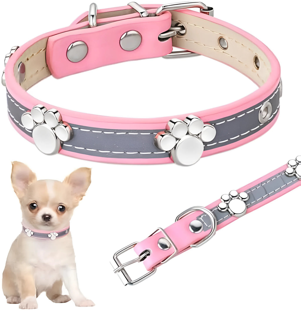 Reflective adjustable PU leather dog collar with metal buckle shown in multiple sizes.