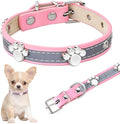 Reflective adjustable PU leather dog collar with metal buckle shown in multiple sizes.