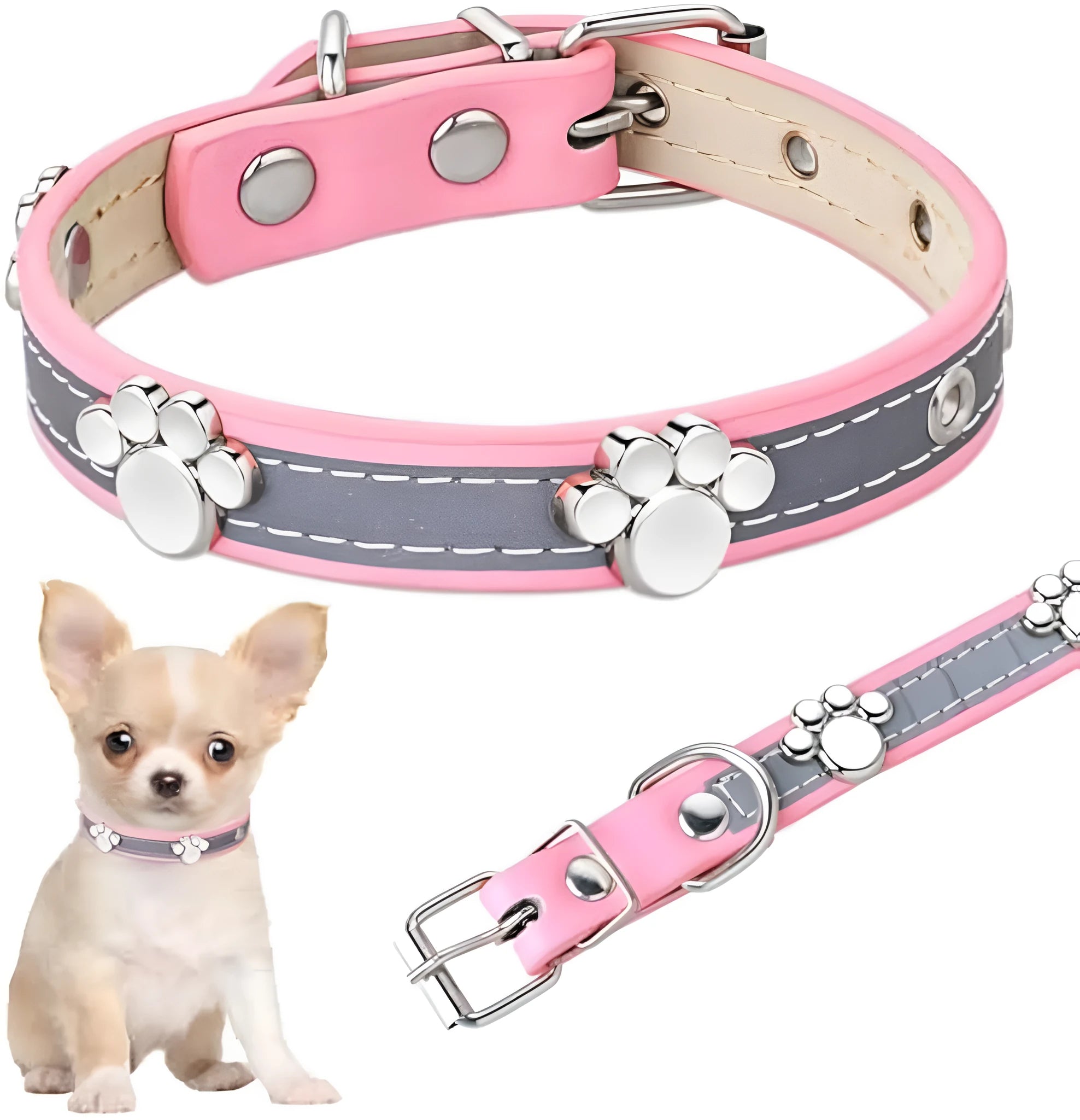 Reflective adjustable PU leather dog collar with metal buckle shown in multiple sizes.