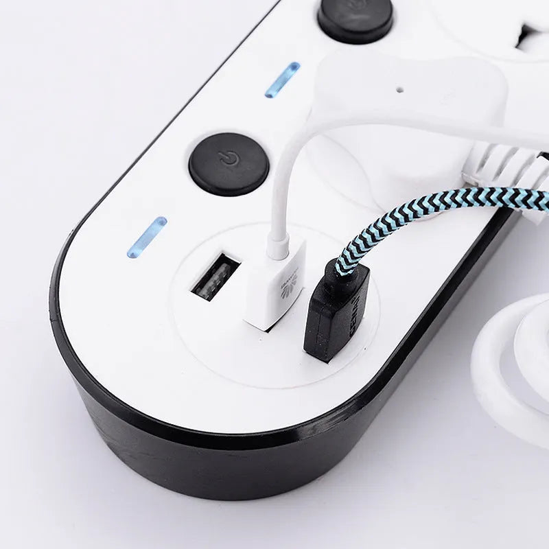 International power strip with four USB ports, switch controls, and choice of cable length