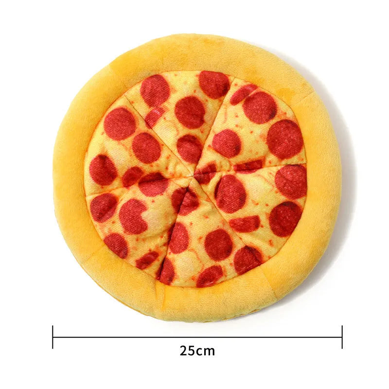 Yellow pizza slice squeaky plush dog chewing toy on white background