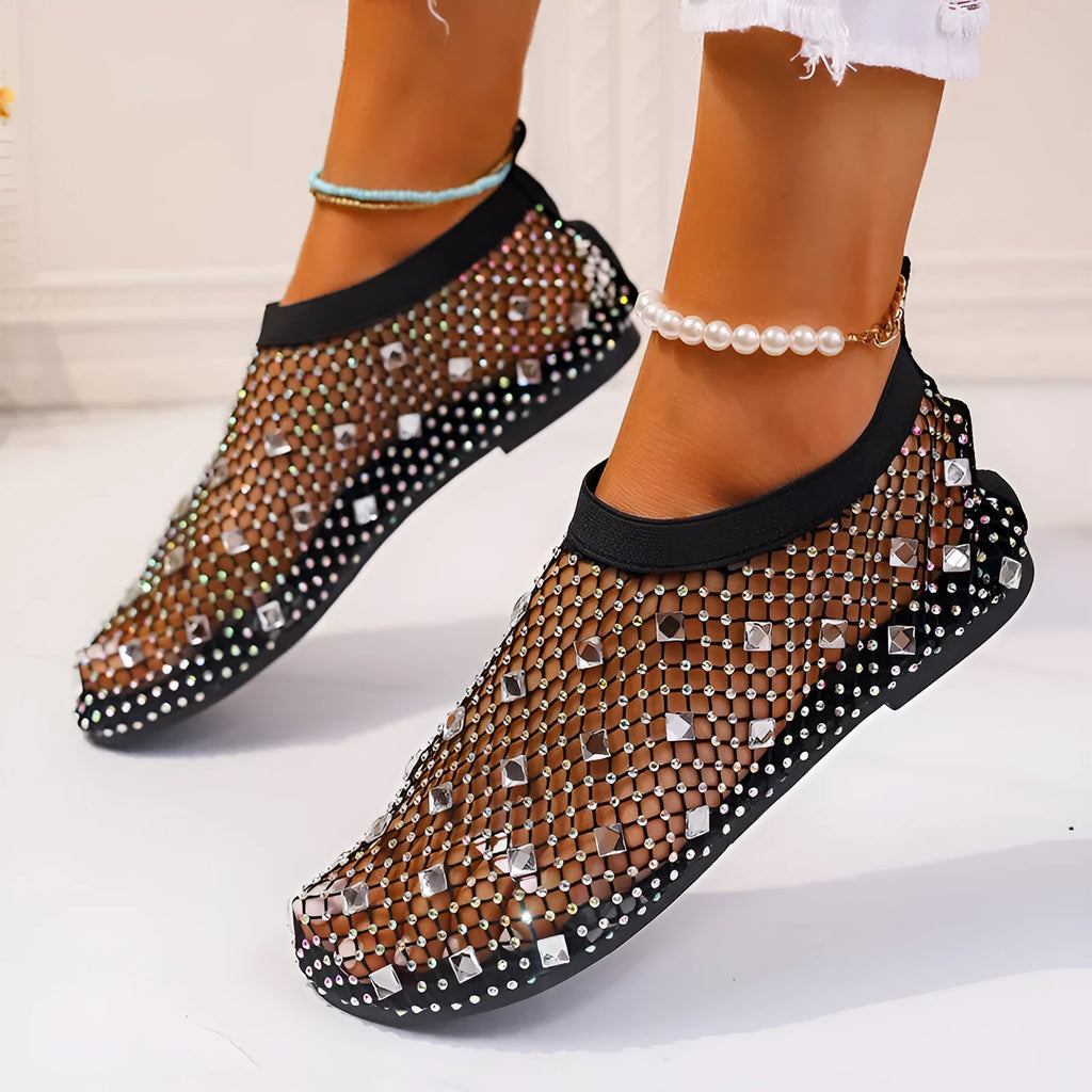 Women's mesh flat sandals with colourful rhinestone decoration and round toe