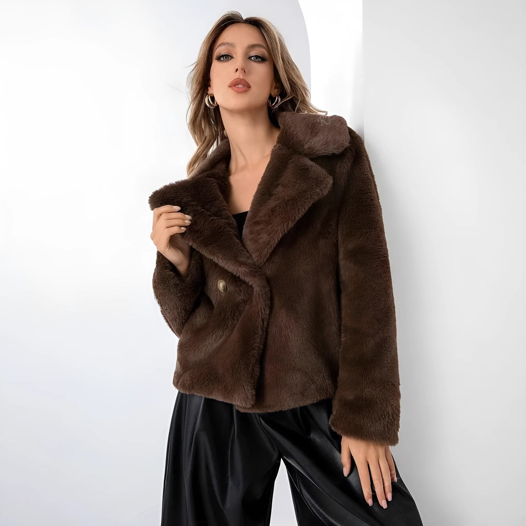 Women's loose-fit short faux fur coat in artificial fabric, shown in rose red colour with regular sleeves.