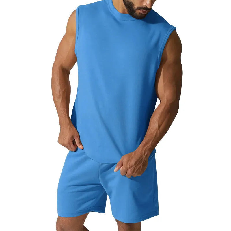Men's sleeveless sports suit in cotton blend fabric with matching shorts