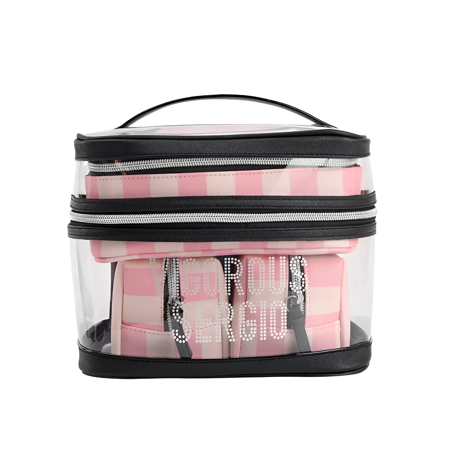 Pink striped floral pattern synthetic leather folding buggy bag makeup kit