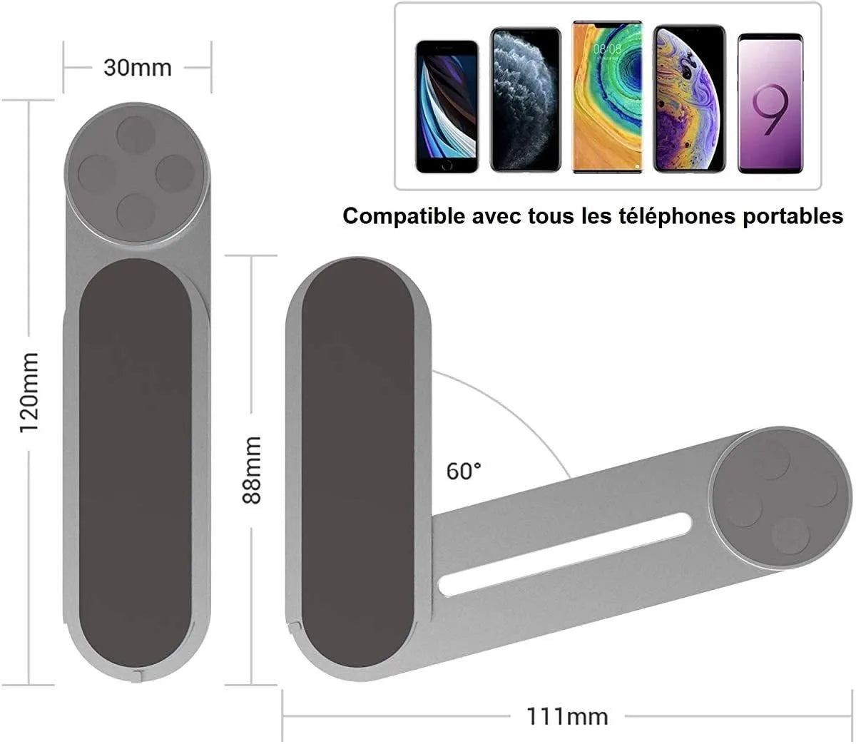 Aluminium alloy laptop side mount bracket holding a smartphone, shown in silver, black, and rose gold colours.