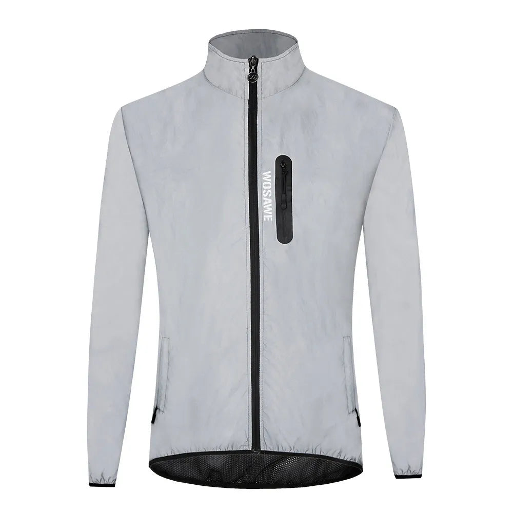 Silver waterproof polyester long sleeved coat on a hanger, showing front design.