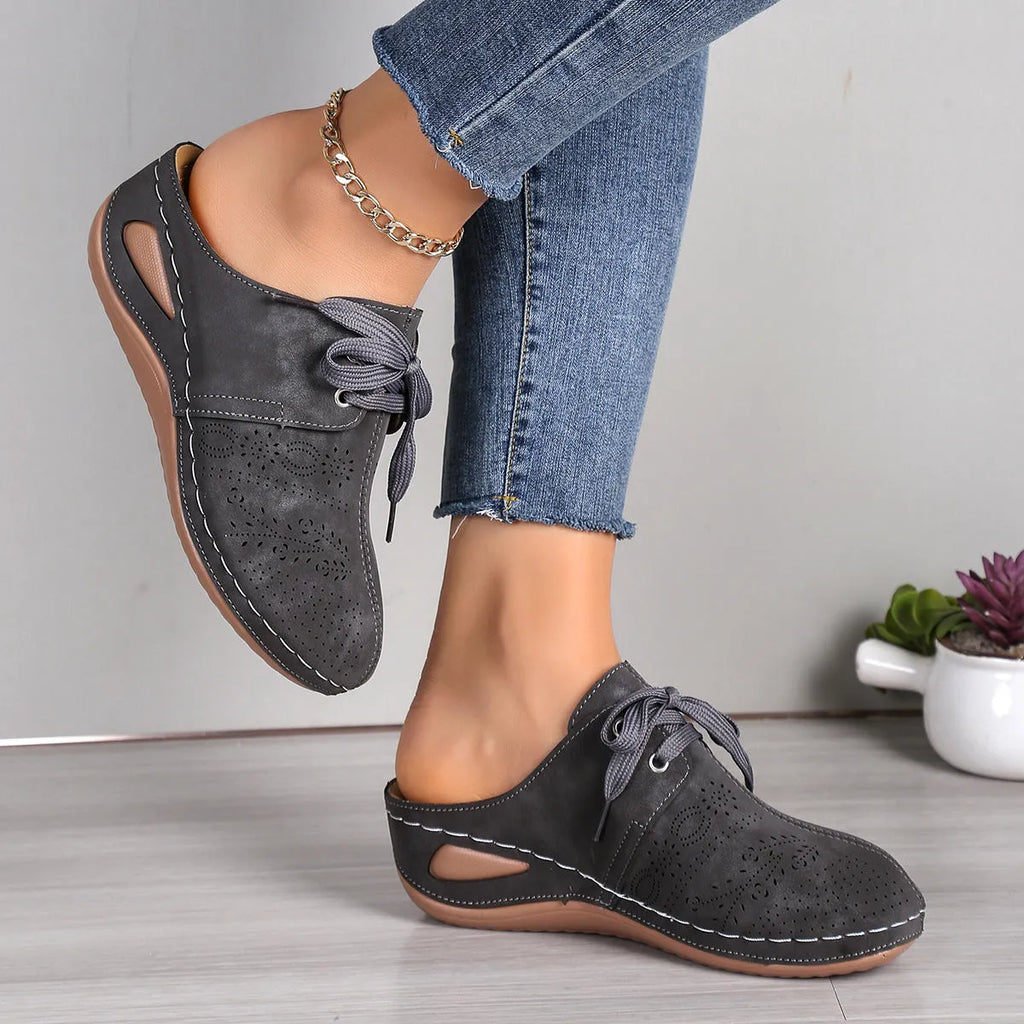 Women's summer lace-up slippers with hollow out wedges in suede and rubber construction