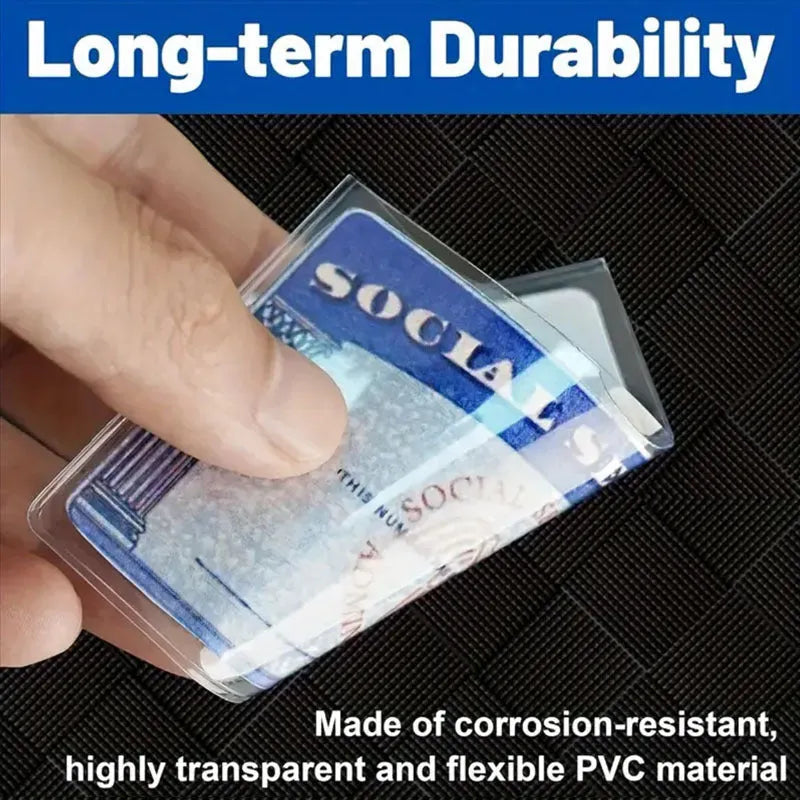 Transparent PVC card holder protecting a social security card, shown alongside a student ID.