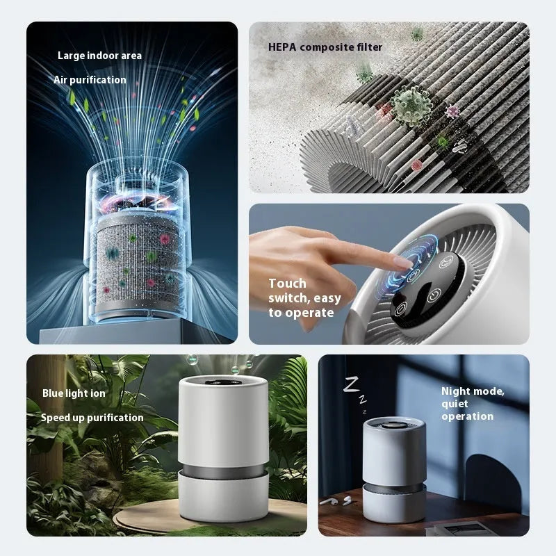 White desktop air purifier with USB cable for small room formaldehyde and odour removal.