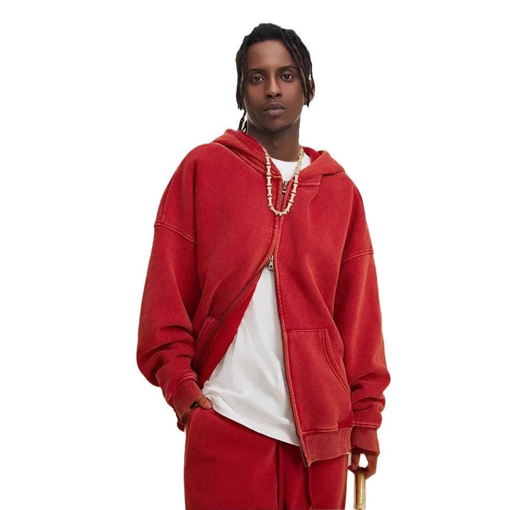 Men's hooded cardigan in cotton with fleece lining and a double zipper, shown in dark green colour
