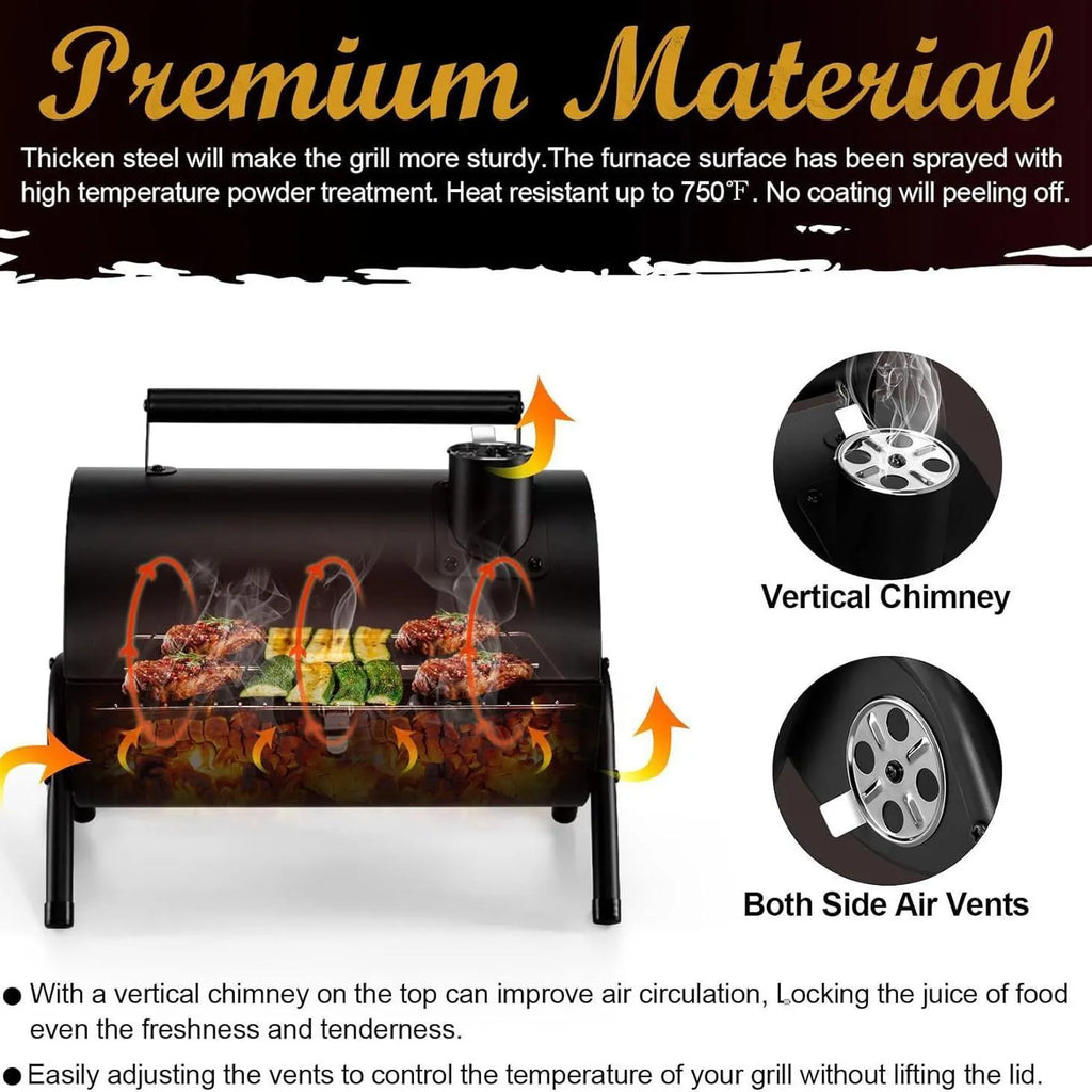 Small folding desktop charcoal barbecue stove with a metal grill on top.