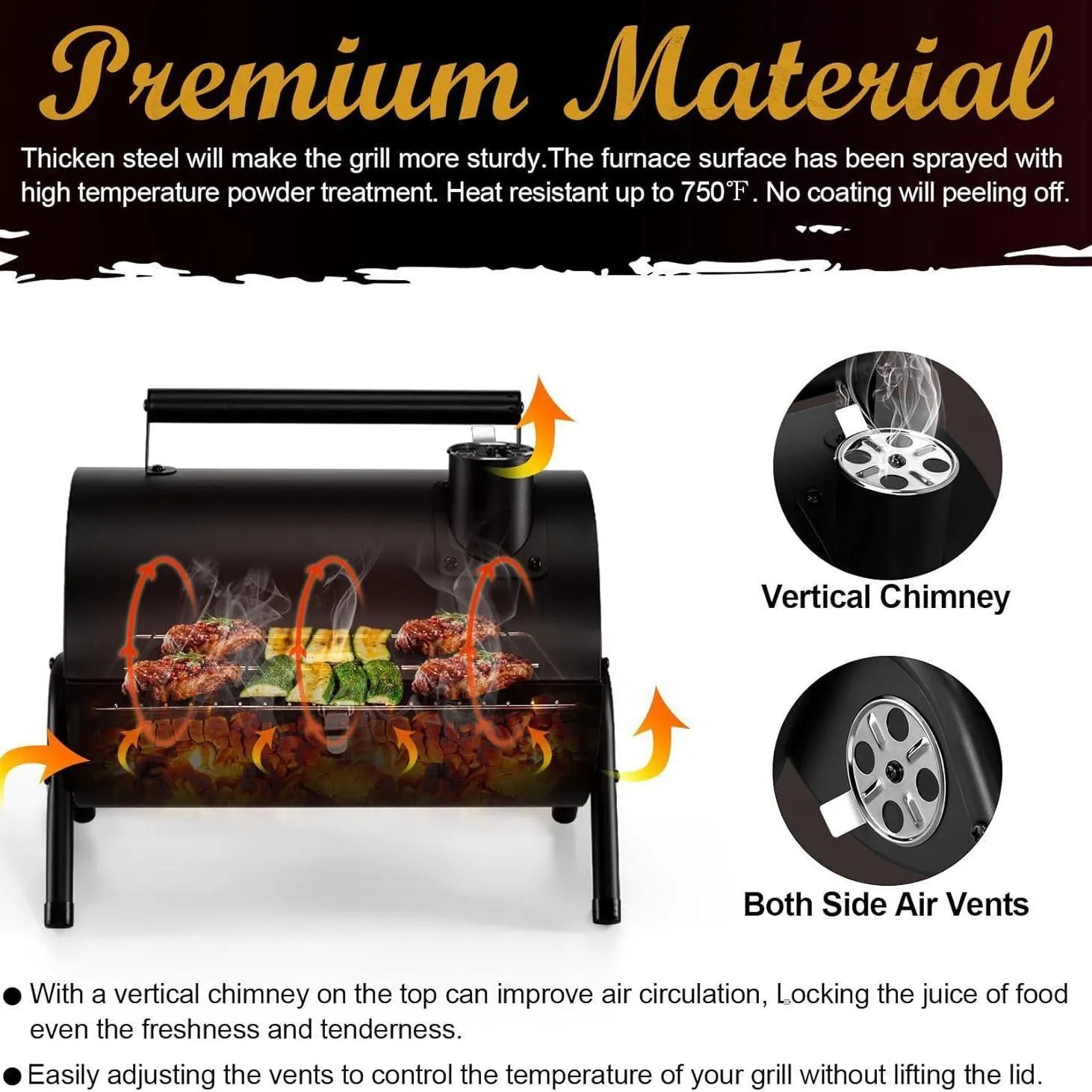 Small folding desktop charcoal barbecue stove with a metal grill on top.
