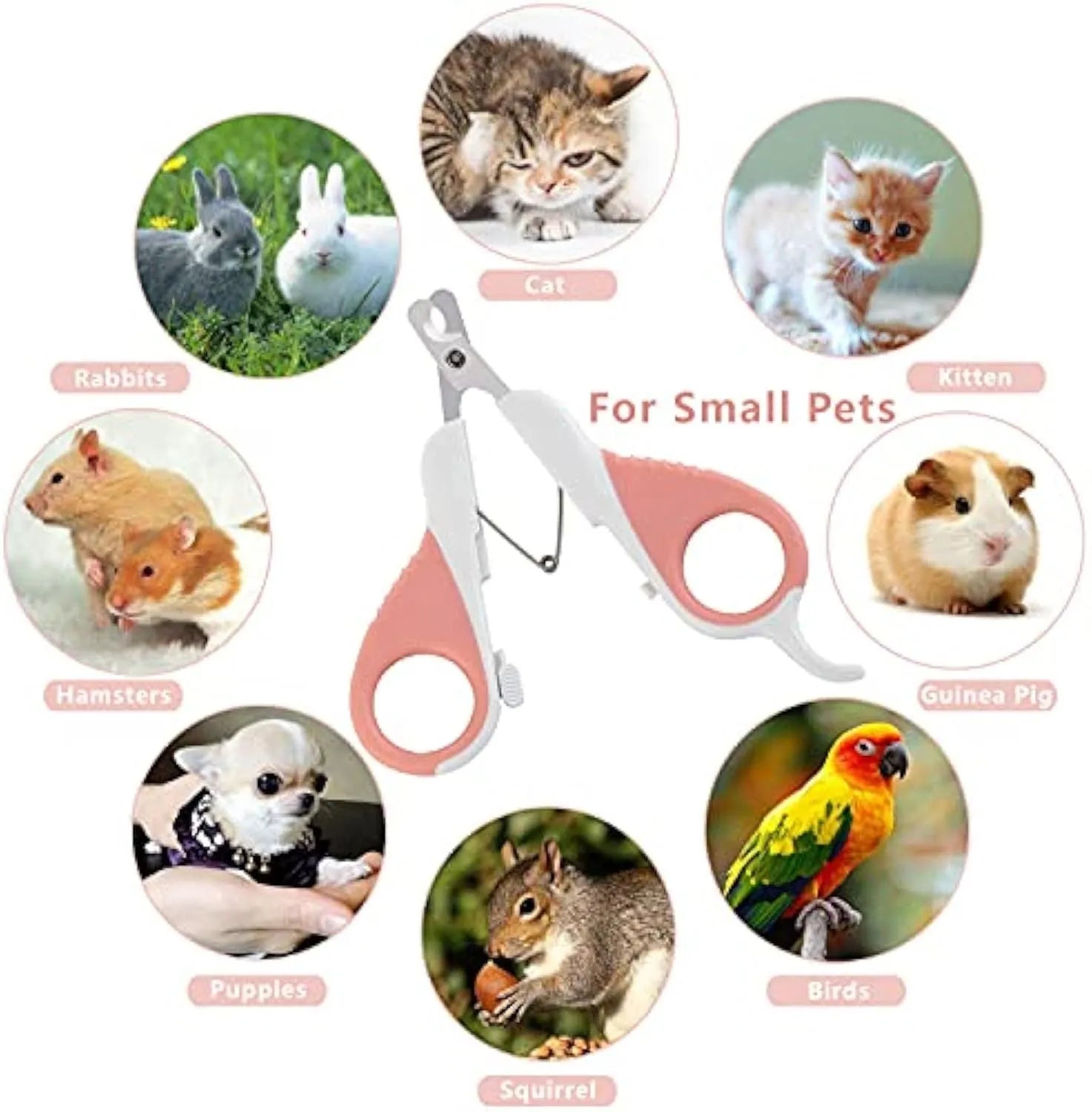 Grey and pink handled cat nail clippers with angled stainless steel blade and safety lock.