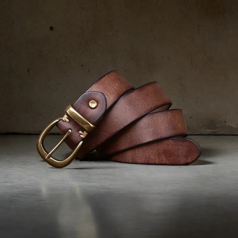Men's cattlehide leather casual belt with copper pin buckle in black, brown or khaki colour