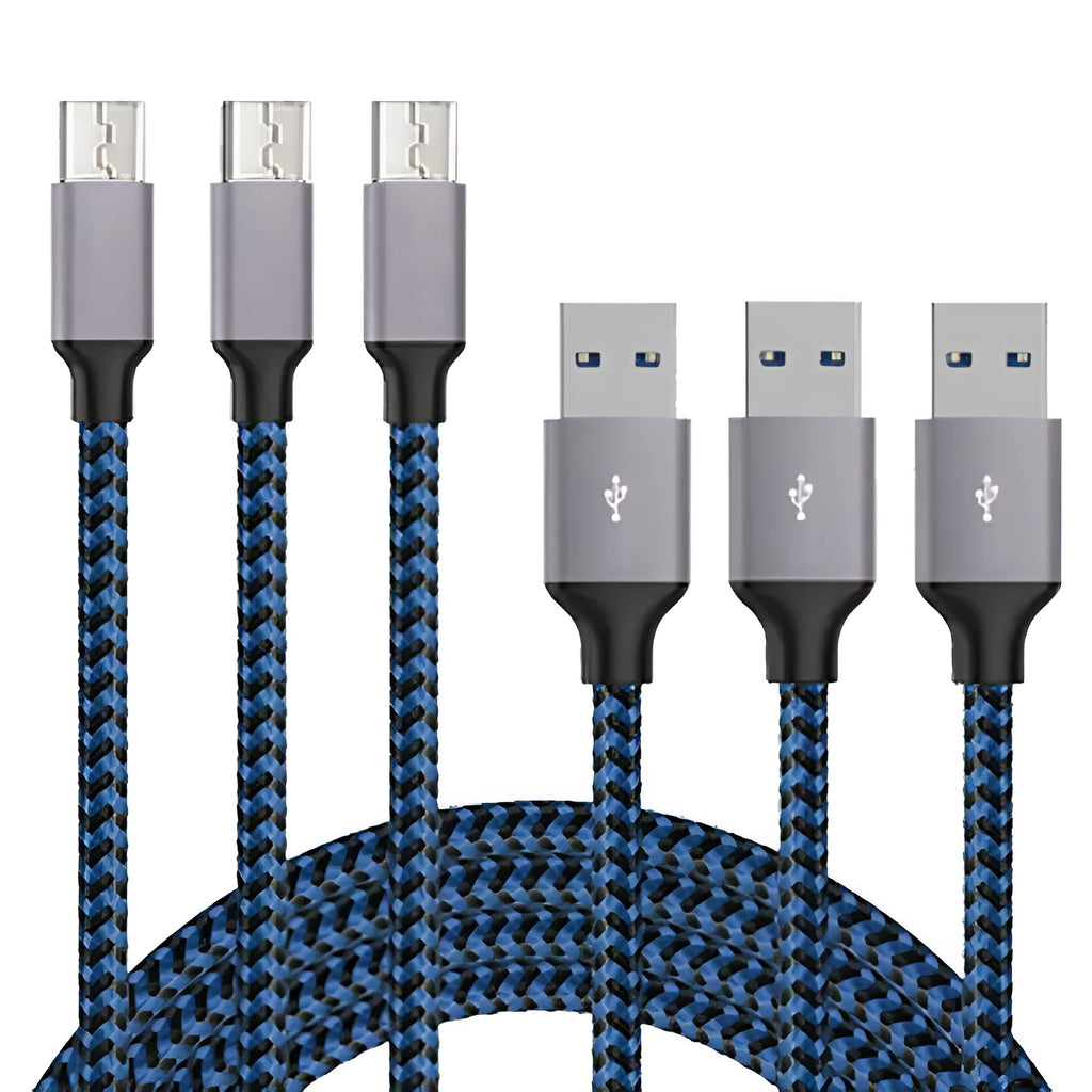 Braided Micro USB fast charging cable for Android phones in black and white colour, showing length.