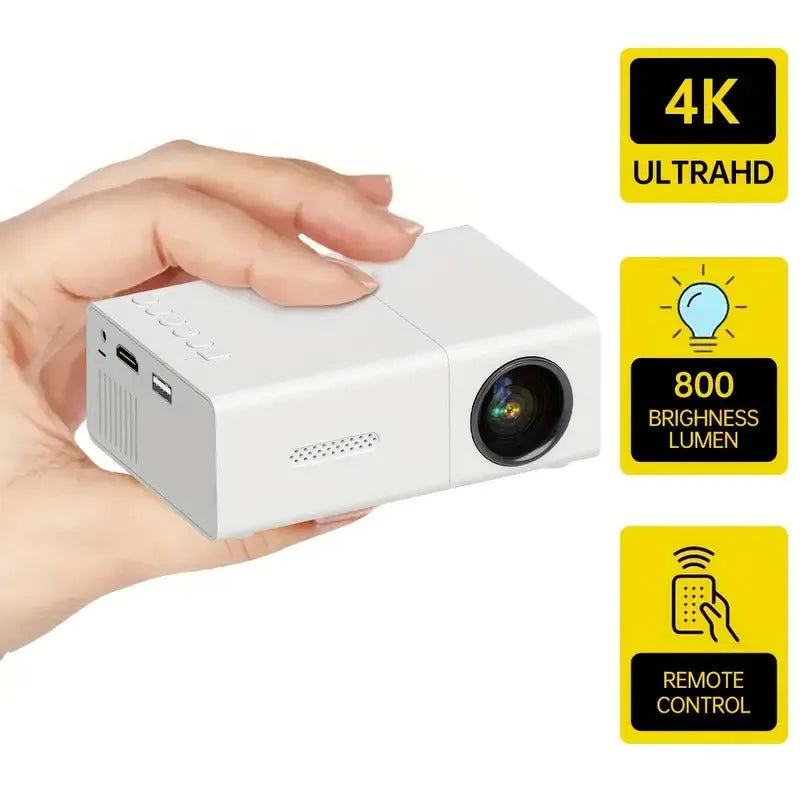 M100 mini LED projector showing 100-inch projection with remote control and cables