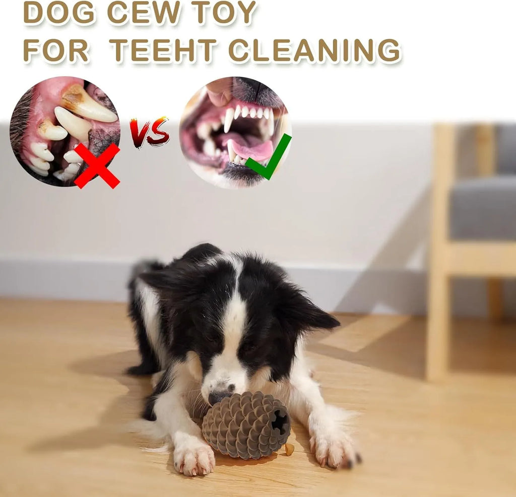 Yellow pine cone-shaped dog chew toy with textured surface and treat dispensing slot