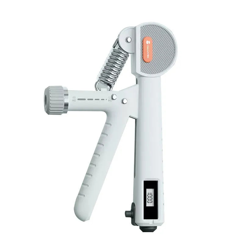Adjustable ABS plastic spring hand grip in ivory white, green, or black colours.