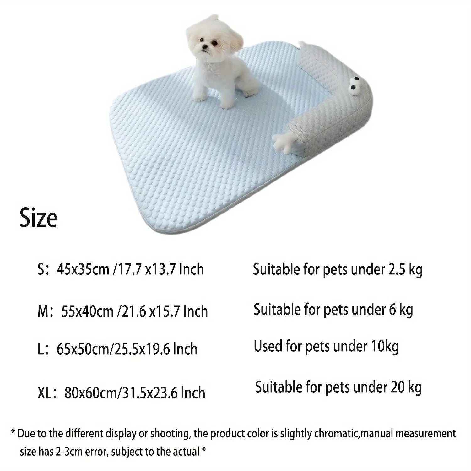 Blue pet cooling mat with big-eyed monster print on a wooden floor