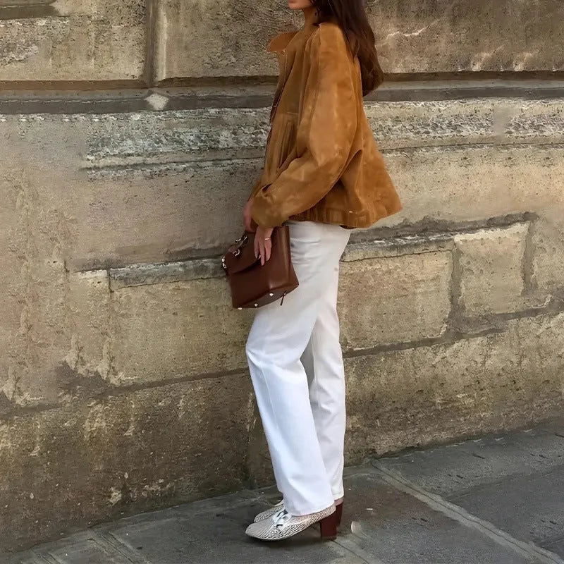 Retro solid colour loose-fit long sleeve polyester jacket on a hanger.