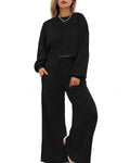 Women's solid colour polyester two-piece set with long sleeve top and trousers in street hipster style