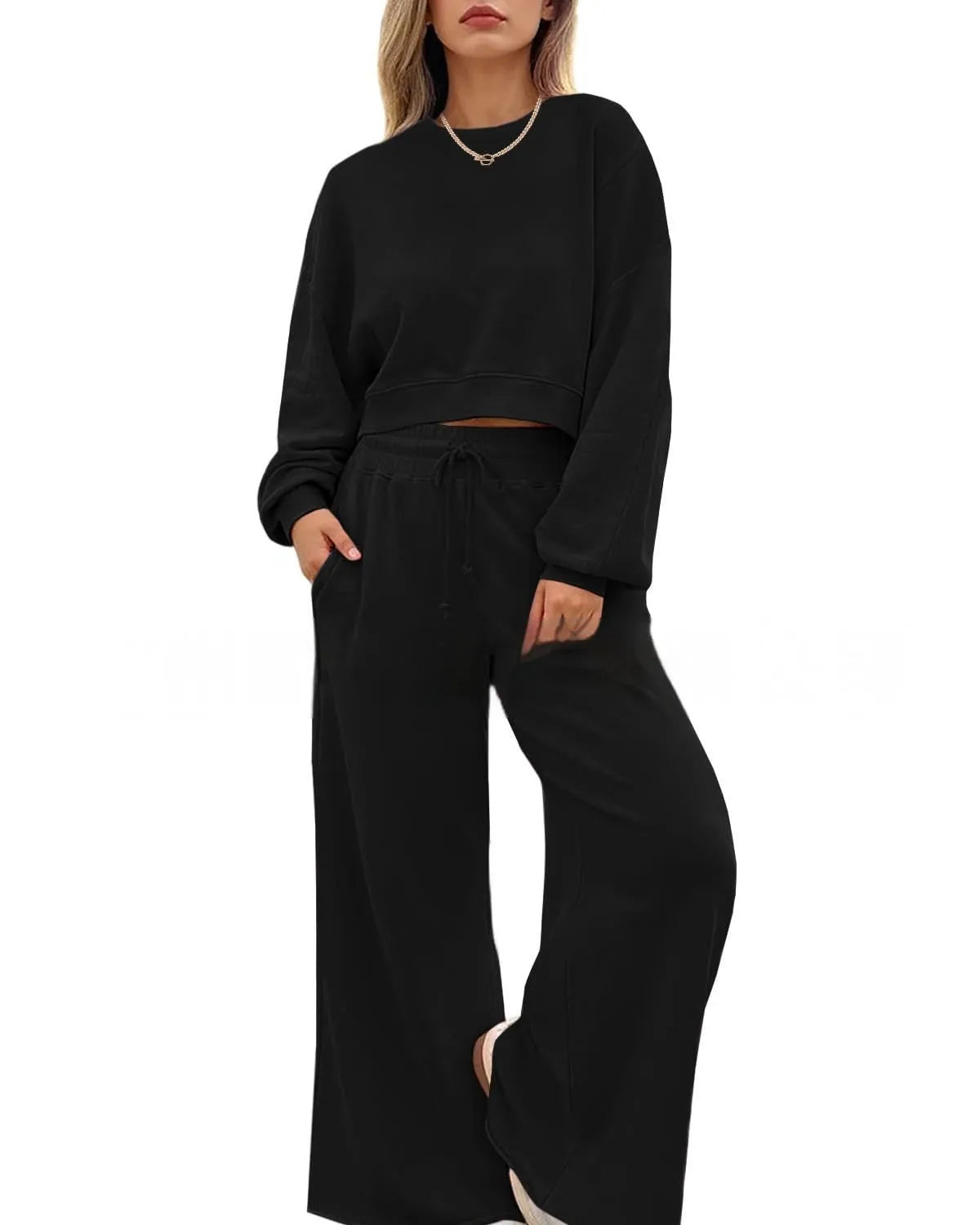 Women's solid colour polyester two-piece set with long sleeve top and trousers in street hipster style