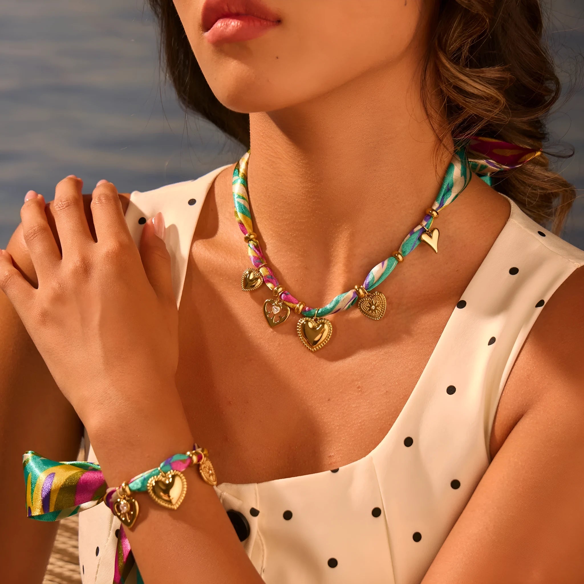 Women's stainless steel geometric pendant necklace and bracelet set with 18K gold plating and adjustable chain