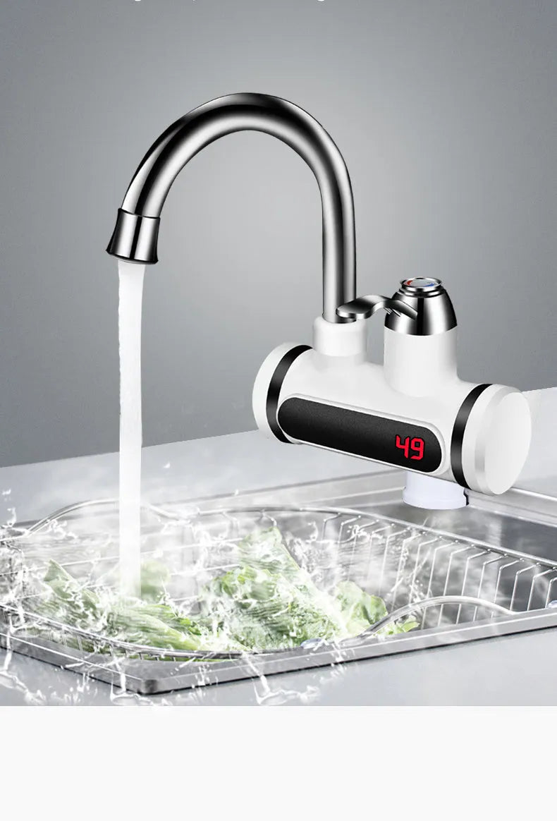 White instant electric water heater tap with digital temperature display for kitchen