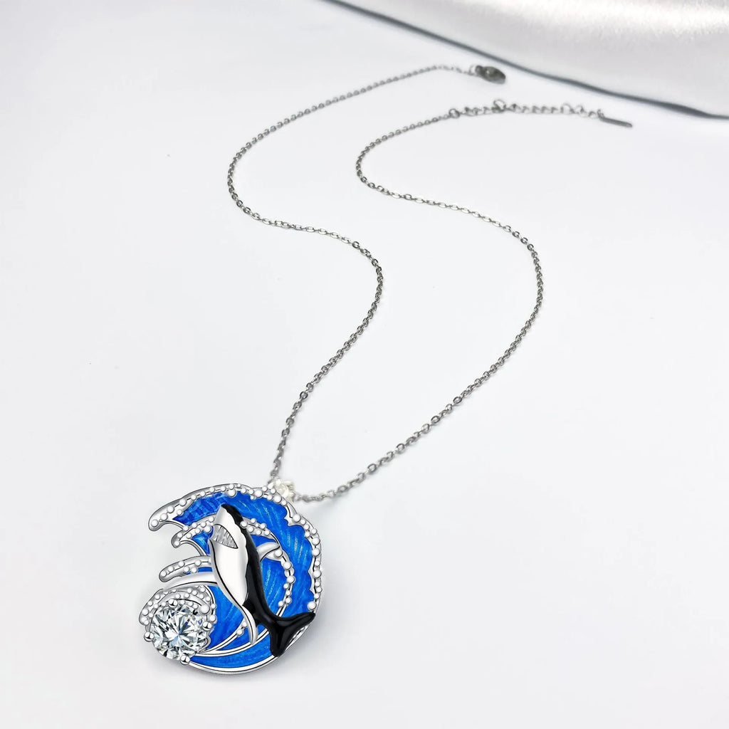 Shark pendant necklace with copper animal modelling on adjustable cross chain